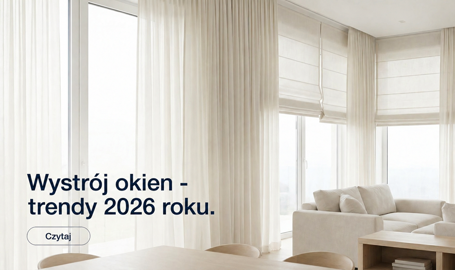 Nowoczesny salon z zasłonami i firanami w najmodniejszym kolorze 2026 roku